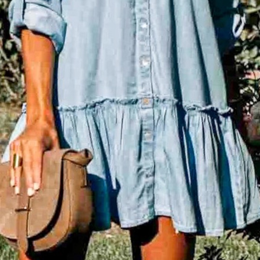 Boho Chambray Rolled Sleeve Ruffle Denim Dress - Picture 4 of 4